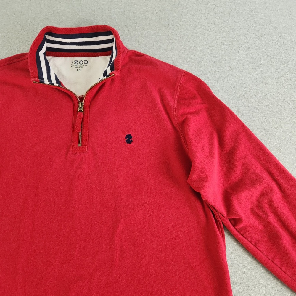 IZOD Quarter Zip Pullover Mens Large Red Striped Collar Long Sleeve Rugby Style